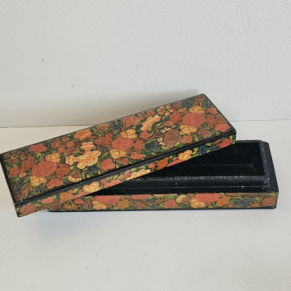 Wooden Pencil Case trinket box Kashmir Paper mache lacquer floral folk art